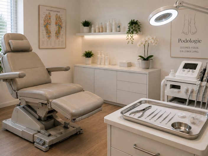 Behandlungsplatz mit Lupenleuchte, Fräsgerät und vorbereitetem Instrumententablett